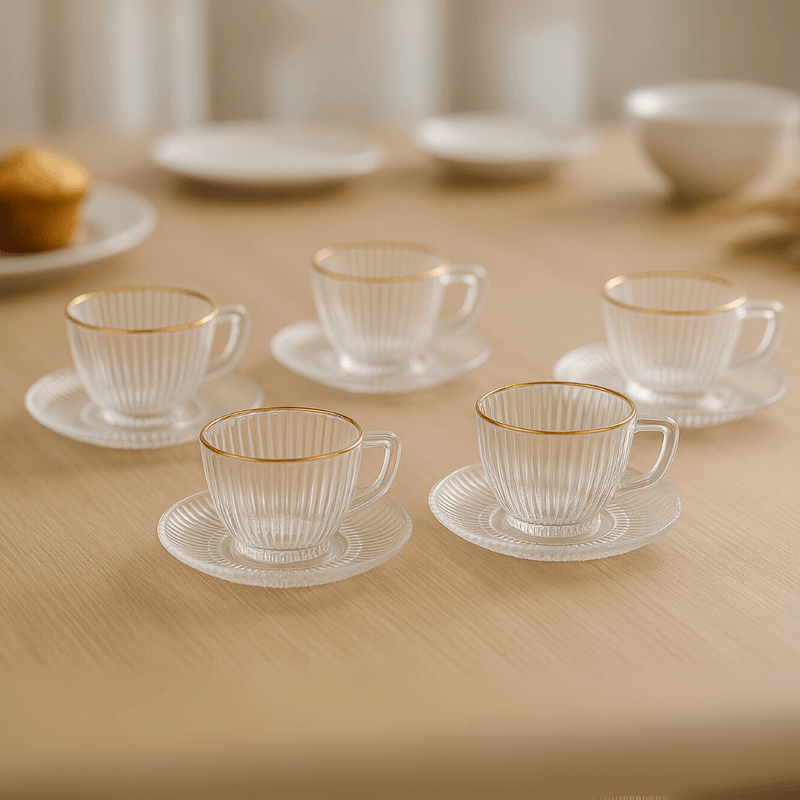 Jogo 6 Xicaras para Chá Graffiato de Vidro com Borda Dourada 260ml